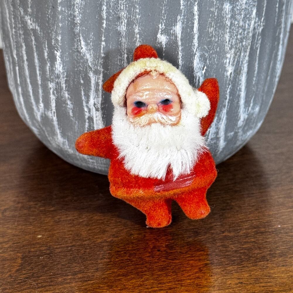 Vintage Flocked Felt Santa Christmas Ornament MCM Retro Kitsch 2"